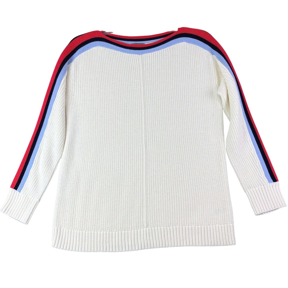 T by Talbots S Petite Ivory Ribbed Knit Sweater Red Blue Stripe Boat Neck Preppy